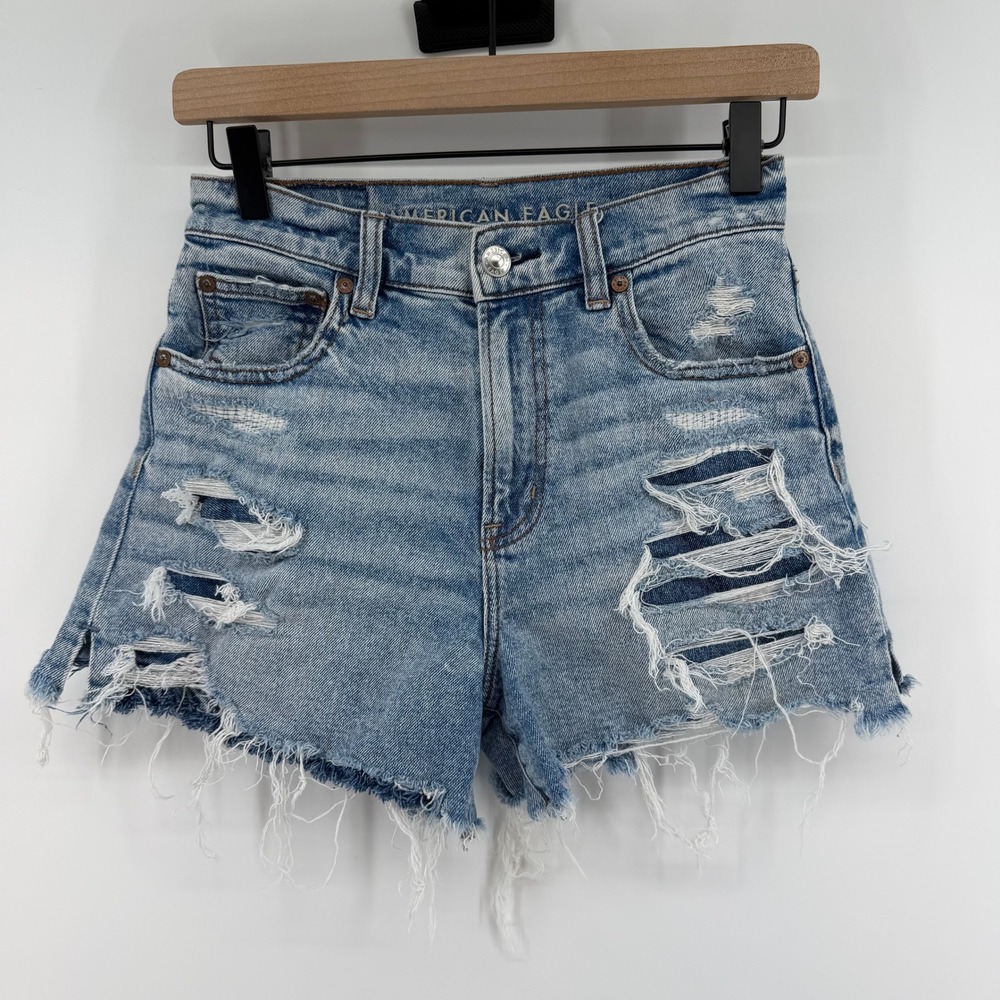 American Eagle Jean Shorts Womens 0 Blue Distressed High Waisted Raw Hem Stretch